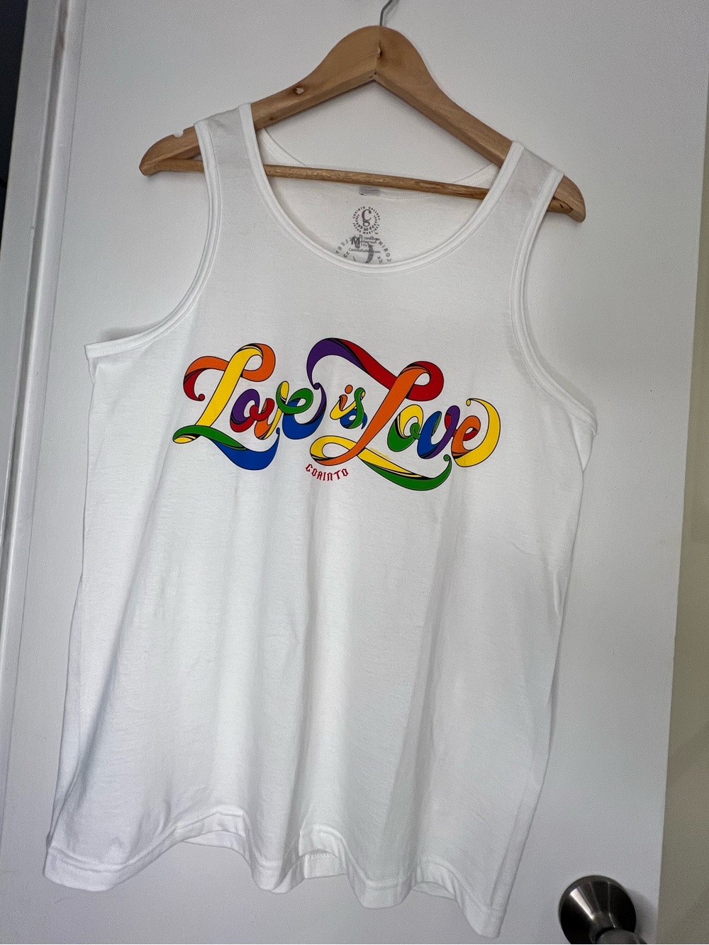 White Tank Top with “Love Is Love” Rainbow Pride Script